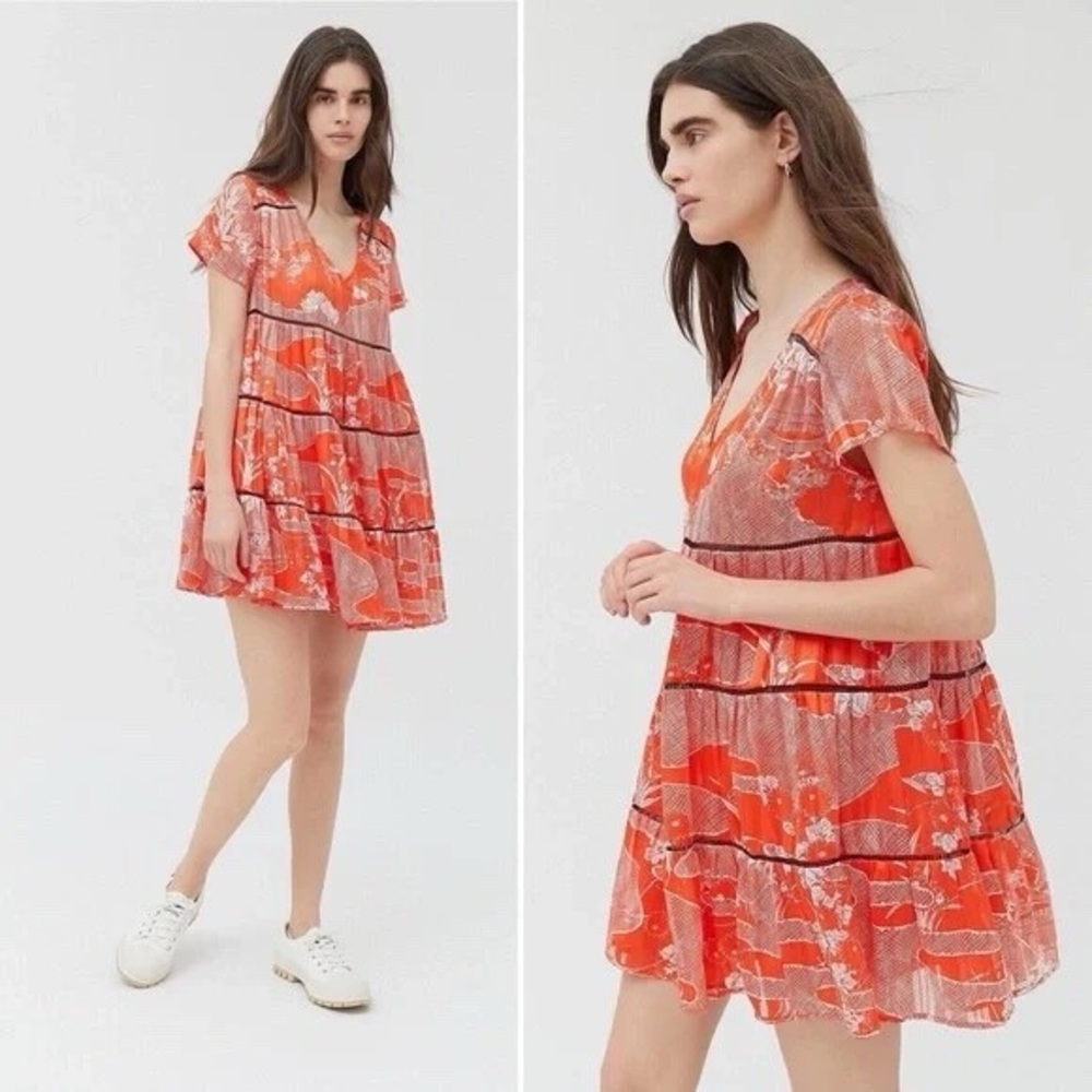Urban Outfitters | Medium Orange Floral Pippa Chiffon Tiered Babydoll Dress